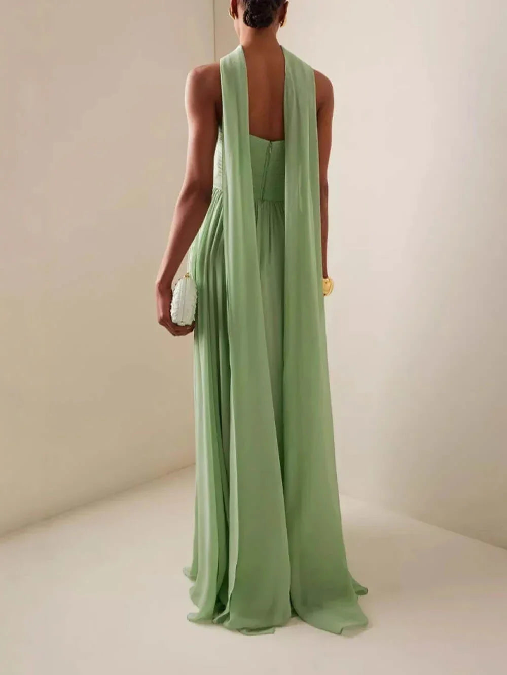 Vestido maxi sin mangas plisado verde para mujer