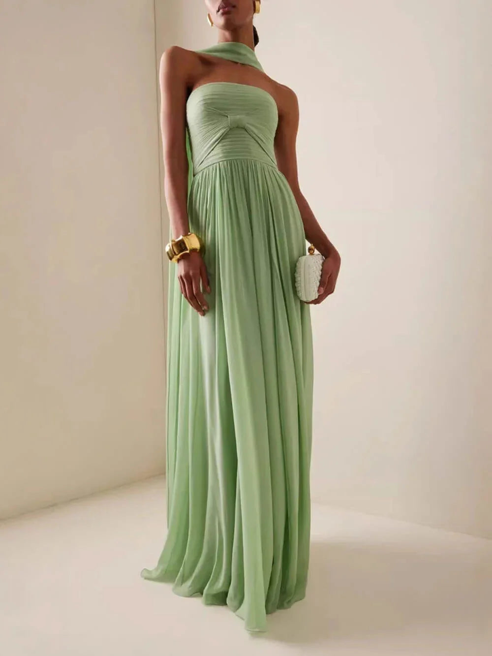 Vestido maxi sin mangas plisado verde para mujer