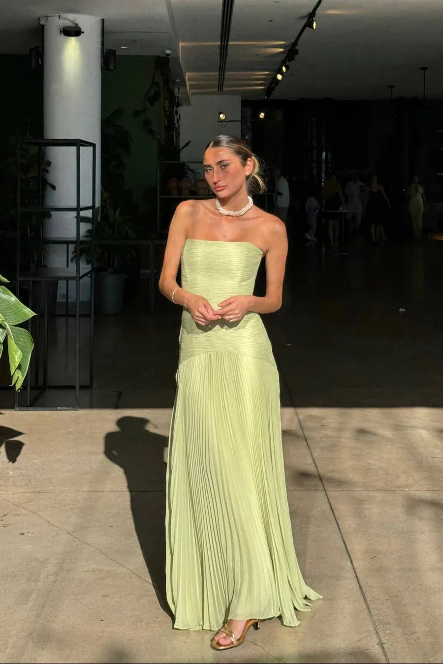 Vestido Maxi plisado verde para mujer