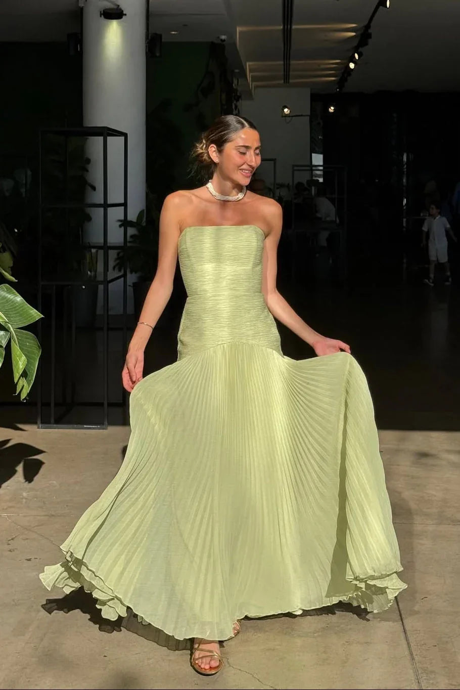Vestido Maxi plisado verde para mujer