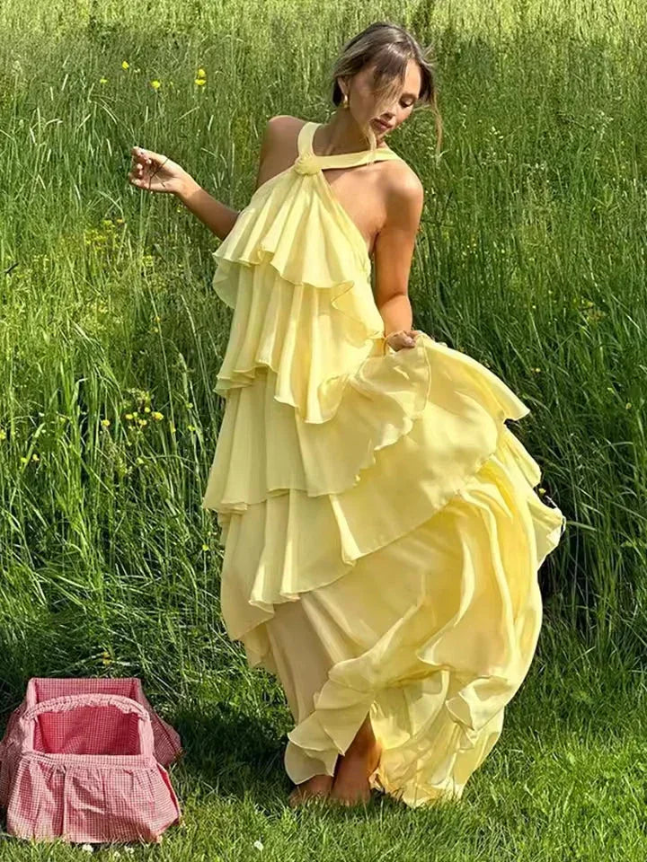 Vestido Maxi con Volantes y Lazos para Mujer