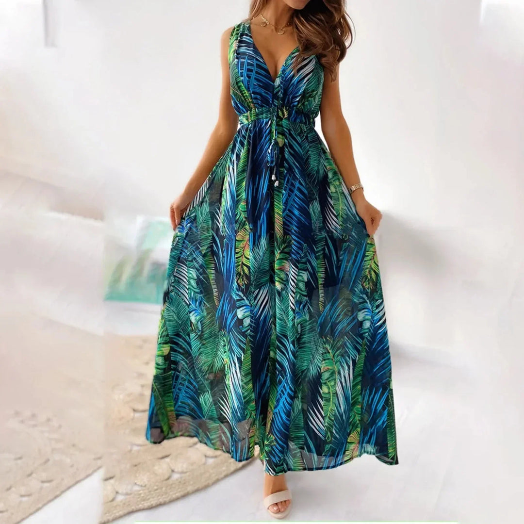 Vestido maxi sin mangas para mujer con estampado tropical