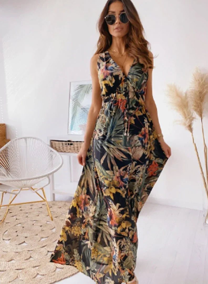 Vestido maxi sin mangas para mujer con estampado tropical