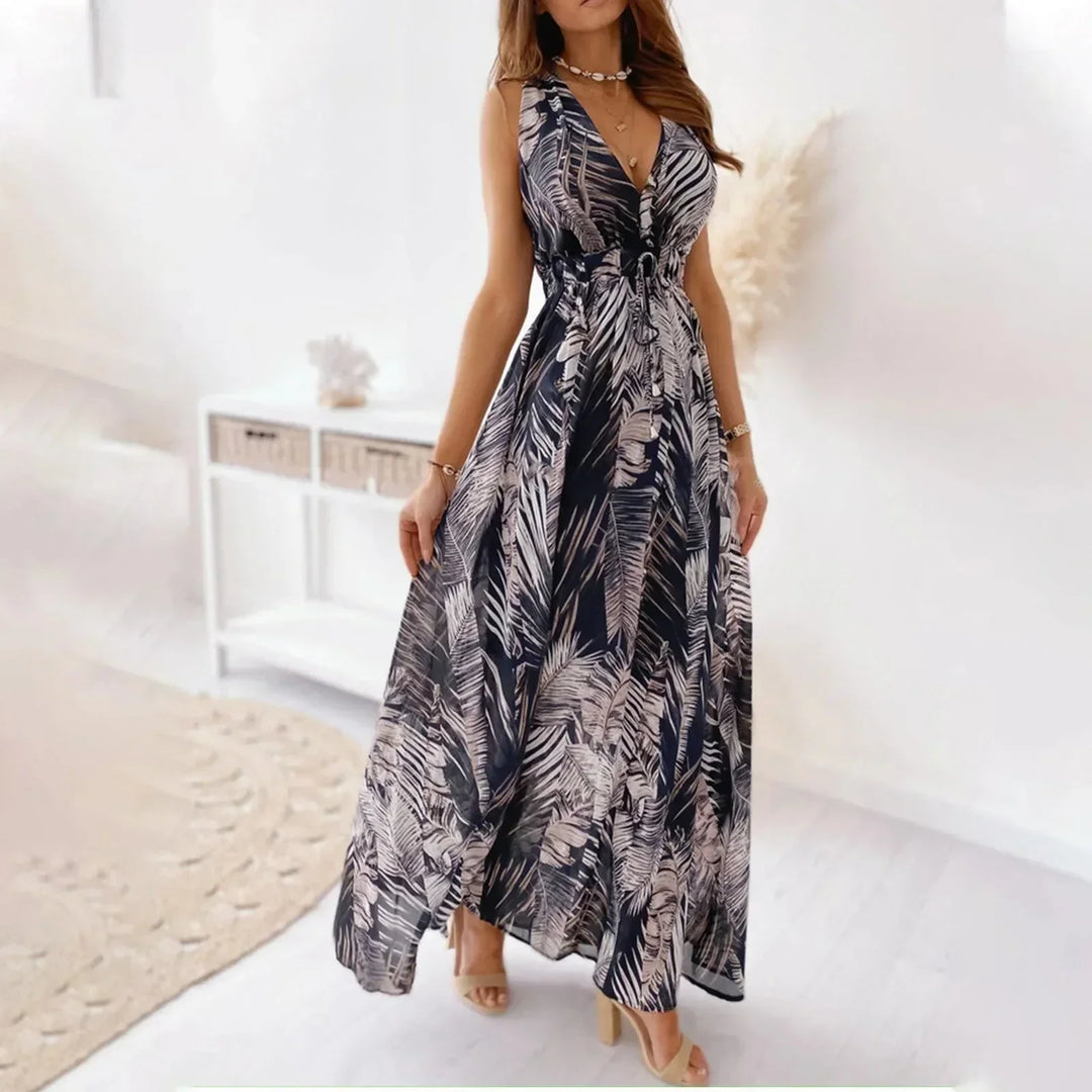 Vestido maxi sin mangas para mujer con estampado tropical