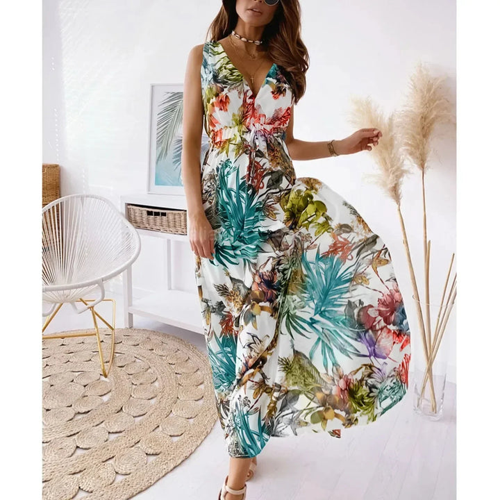 Vestido maxi sin mangas para mujer con estampado tropical