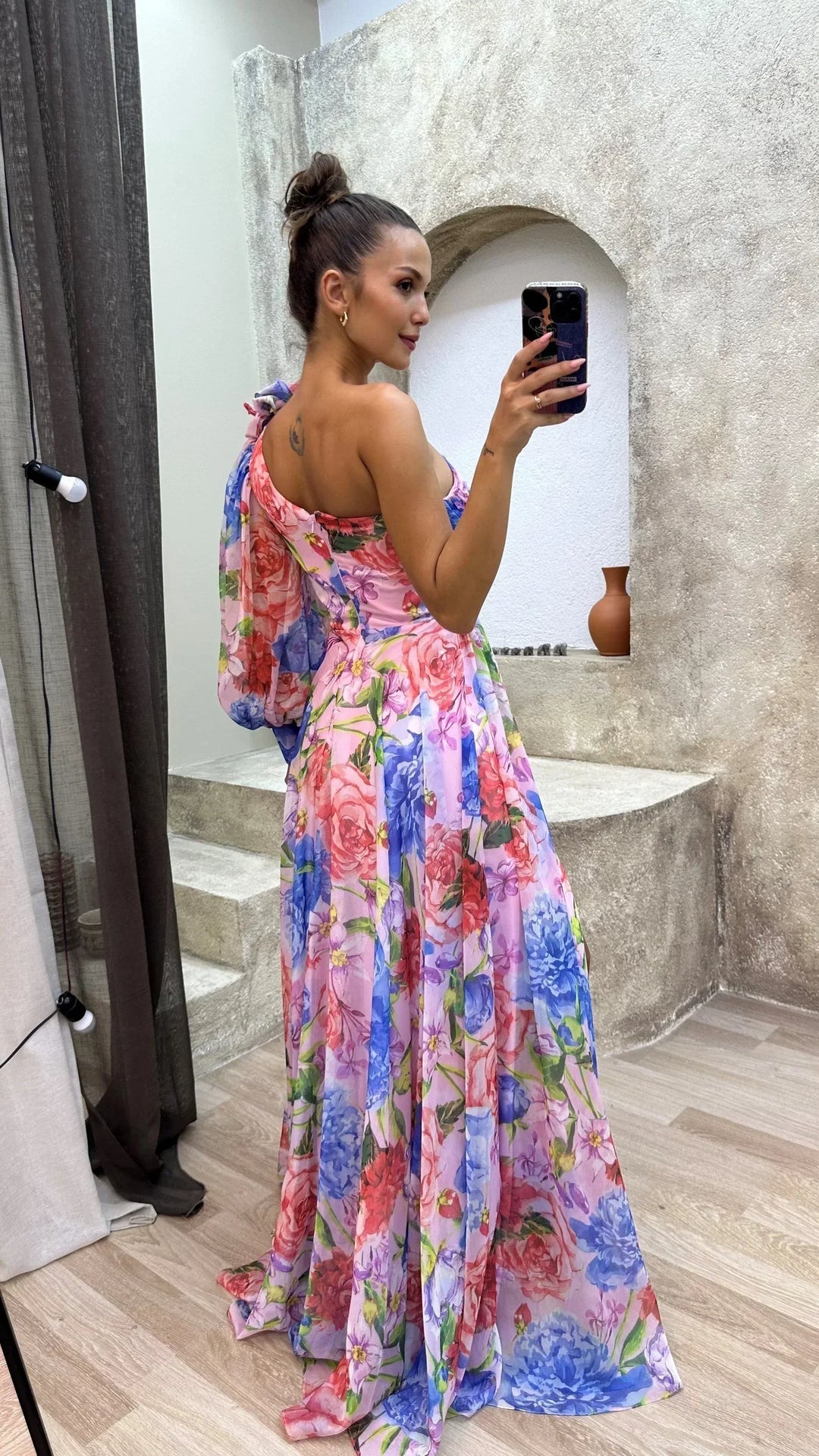 Vestido maxi de noche floral con un solo hombro para mujer