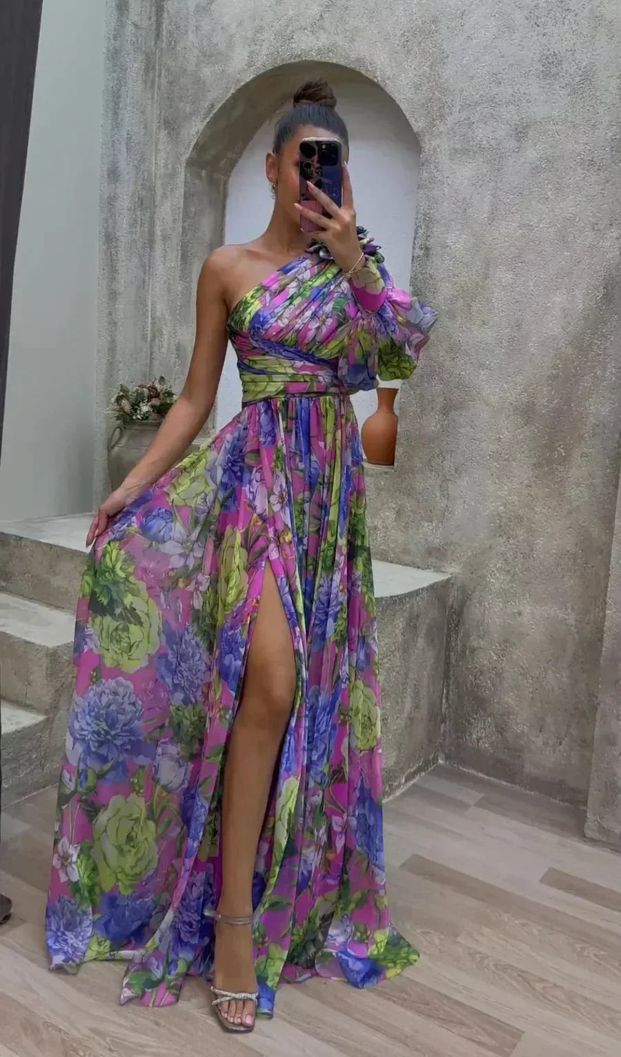 Vestido maxi de noche floral con un solo hombro para mujer