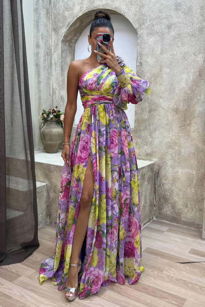 Vestido maxi de noche floral con un solo hombro para mujer