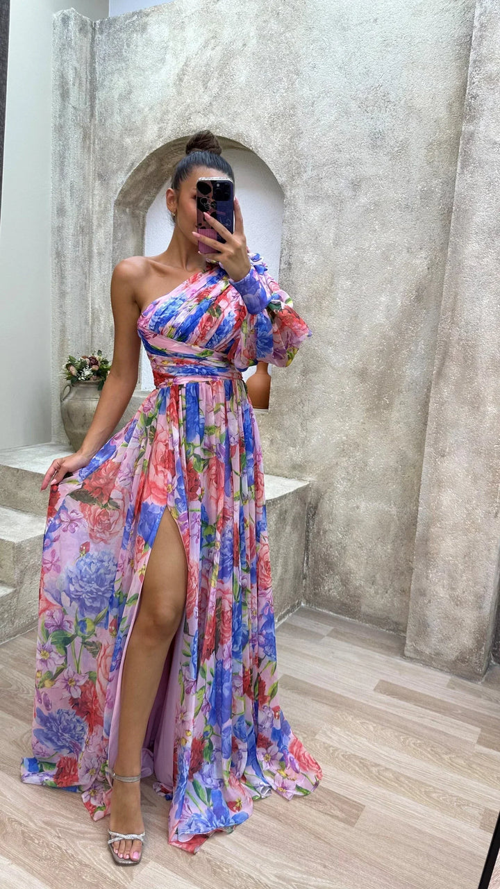 Vestido maxi de noche floral con un solo hombro para mujer