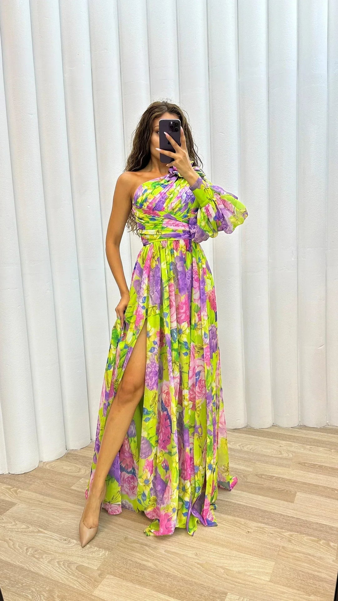 Vestido maxi de noche floral con un solo hombro para mujer