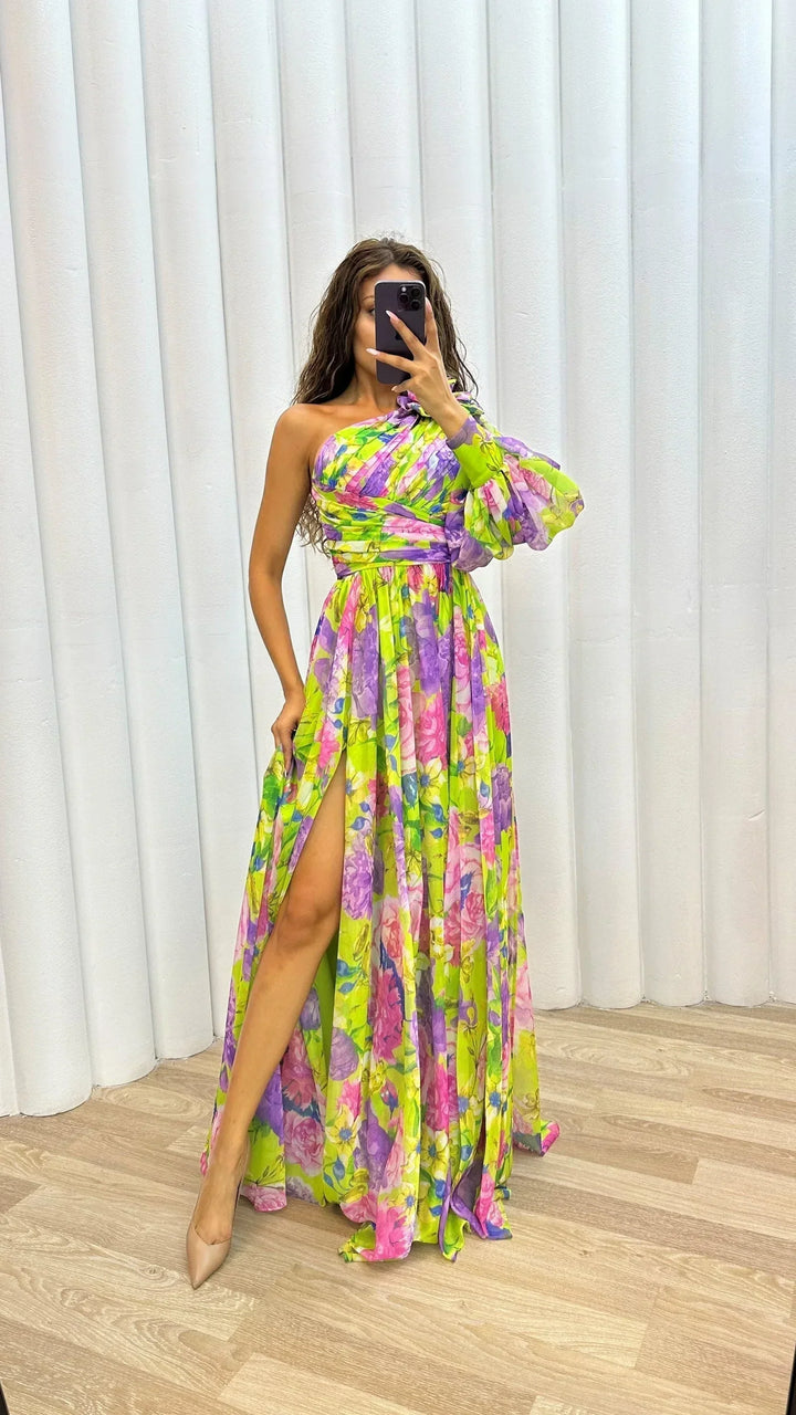 Vestido maxi de noche floral con un solo hombro para mujer