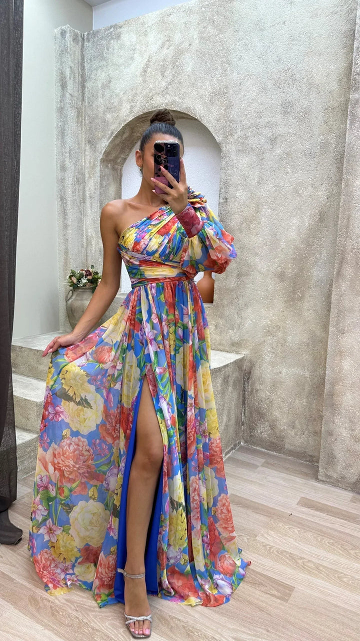 Vestido maxi de noche floral con un solo hombro para mujer