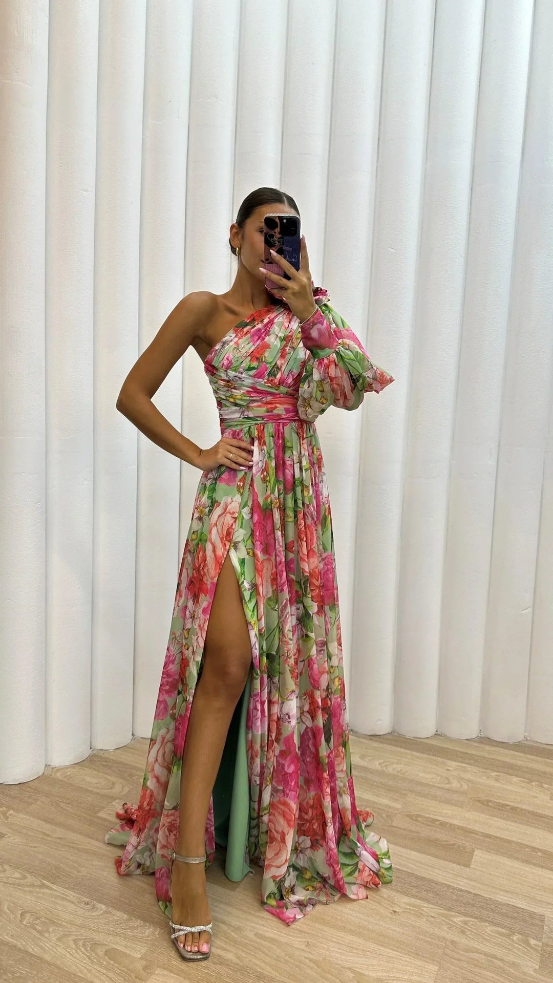 Vestido maxi de noche floral con un solo hombro para mujer