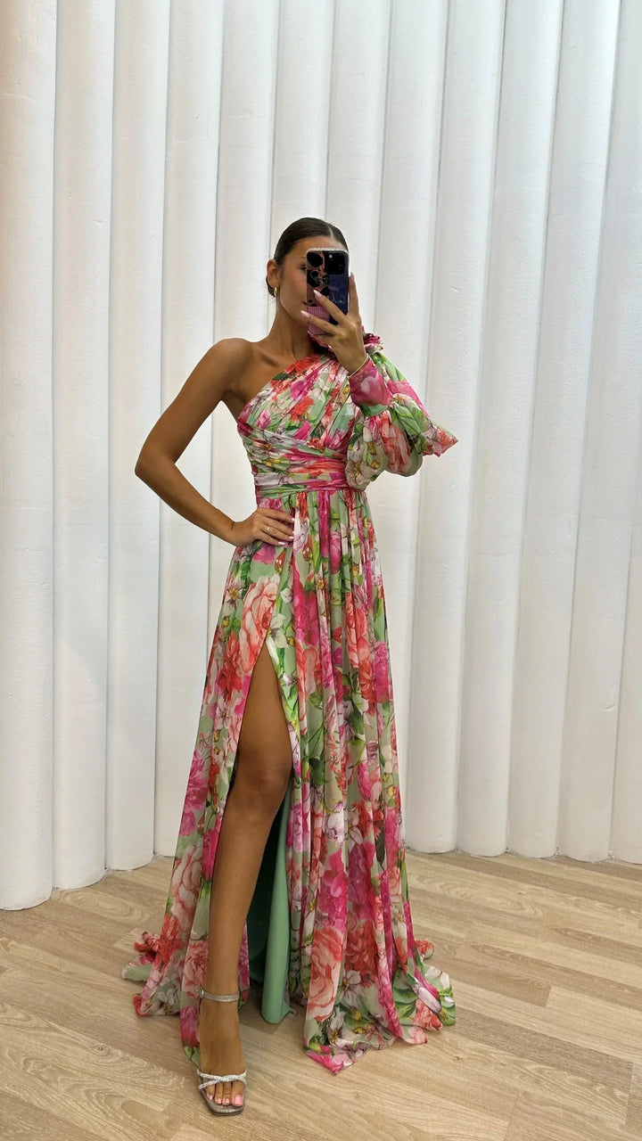 Vestido maxi de noche floral con un solo hombro para mujer