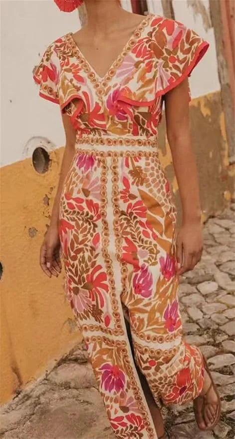 Vestido maxi floral para mujer con escote en V y abertura