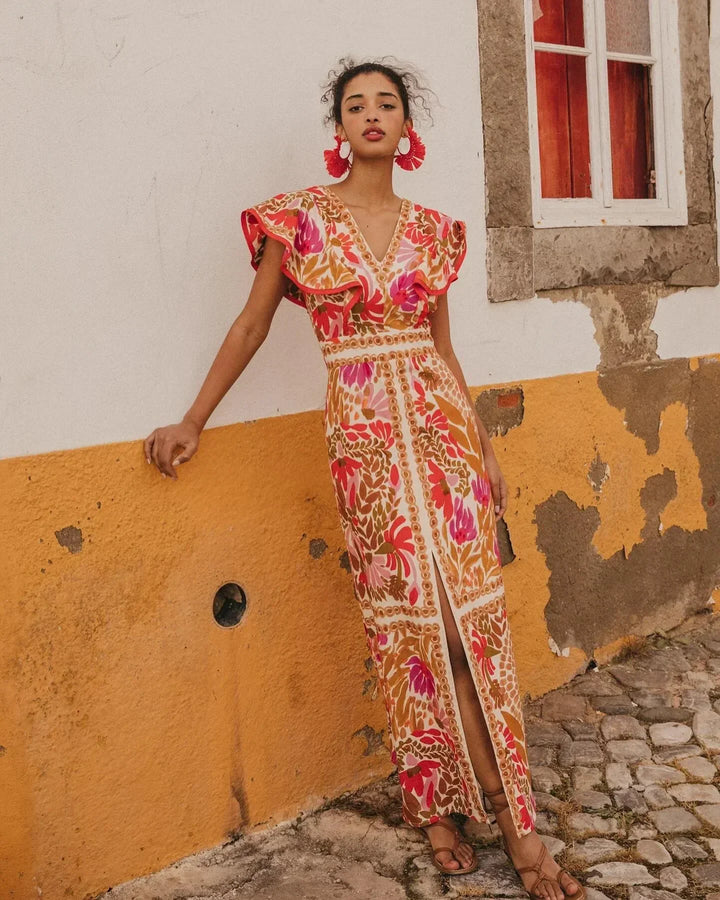 Vestido maxi floral para mujer con escote en V y abertura
