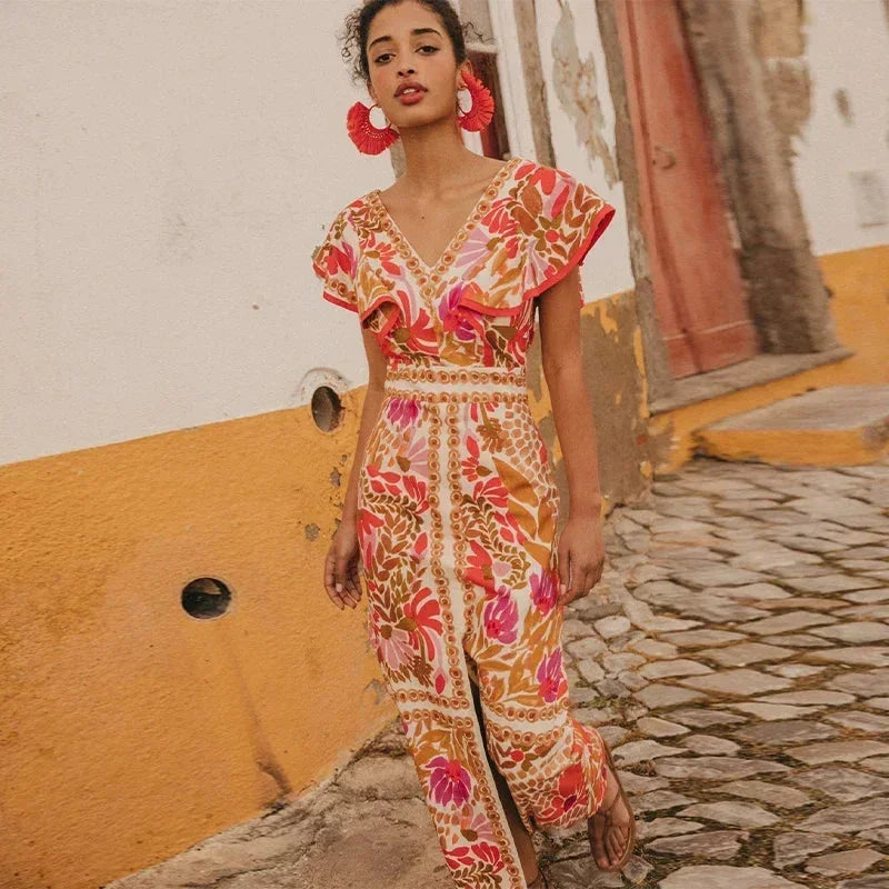 Vestido maxi floral para mujer con escote en V y abertura