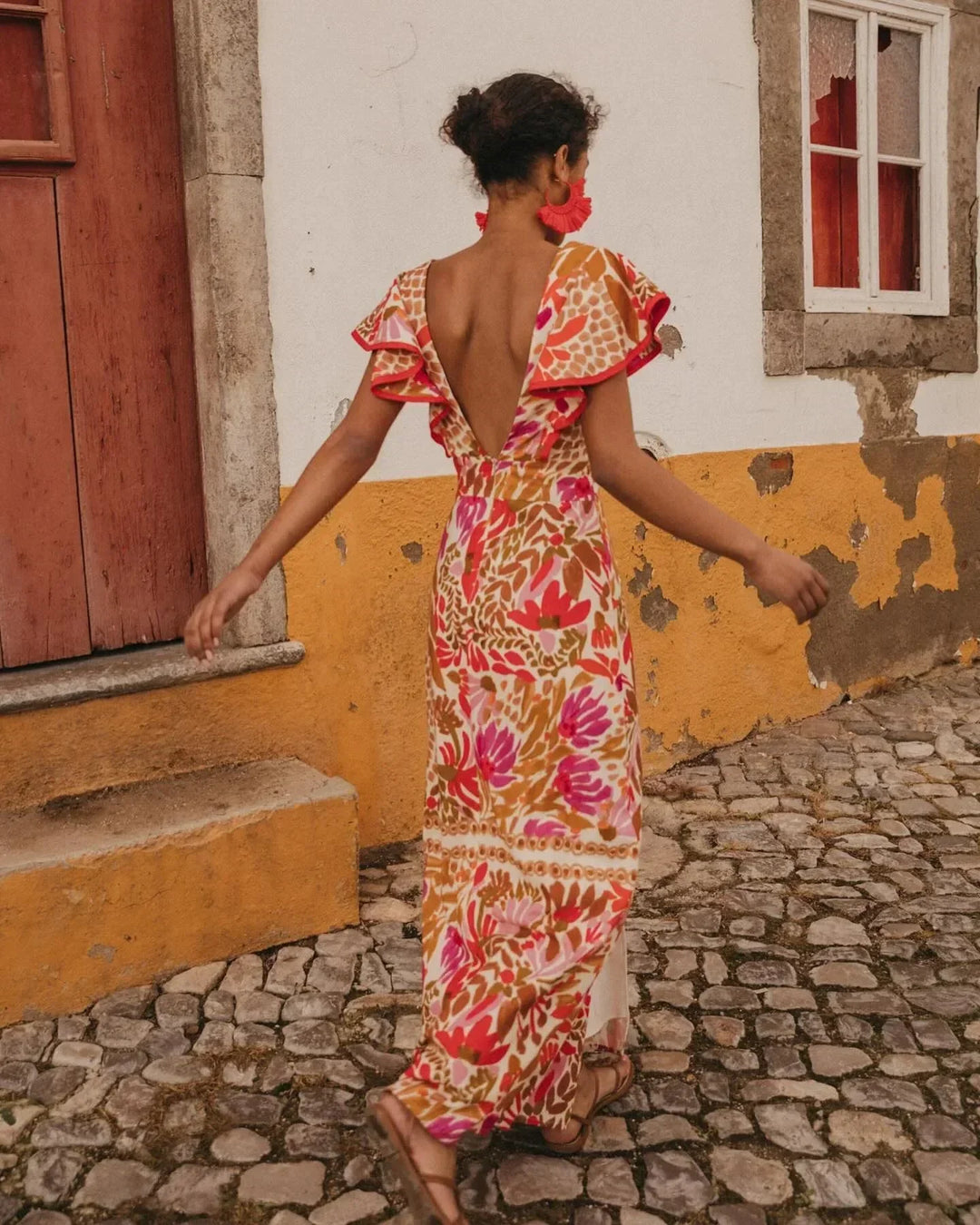 Vestido maxi floral para mujer con escote en V y abertura