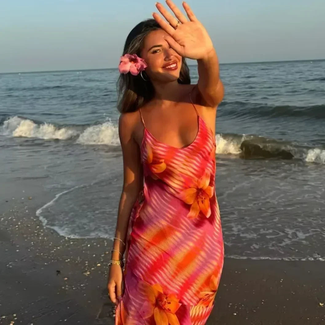 Vestido maxi de verano con estampado floral para mujeres con tirantes finos
