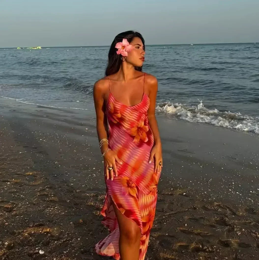 Vestido maxi de verano con estampado floral para mujeres con tirantes finos