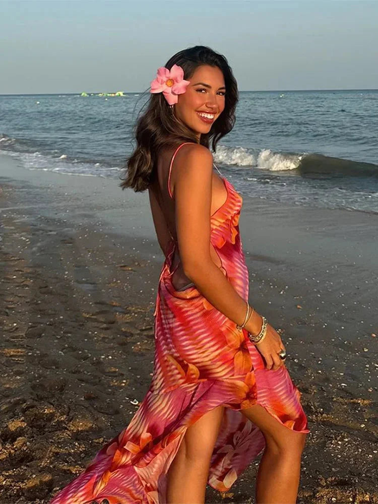 Vestido maxi de verano con estampado floral para mujeres con tirantes finos