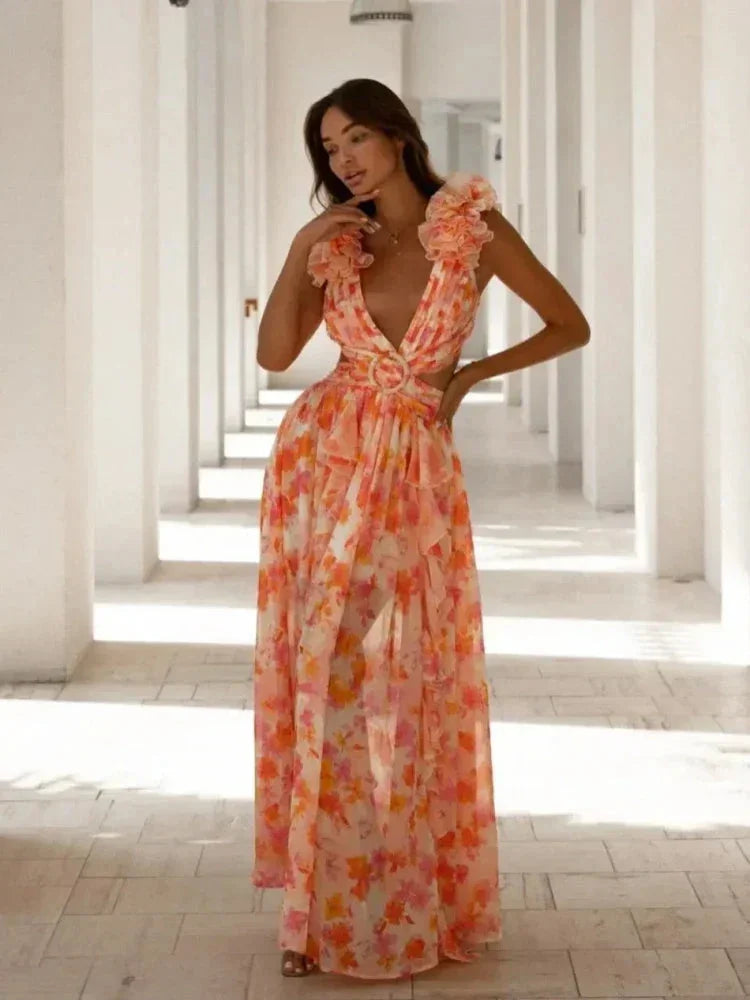Vestido maxi floral rosa con volantes, escote en V, estilo cruzado
