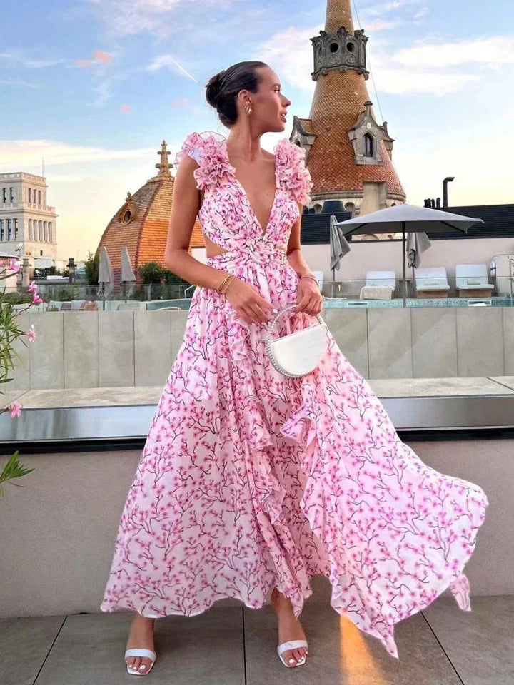 Vestido maxi floral rosa con volantes, escote en V, estilo cruzado