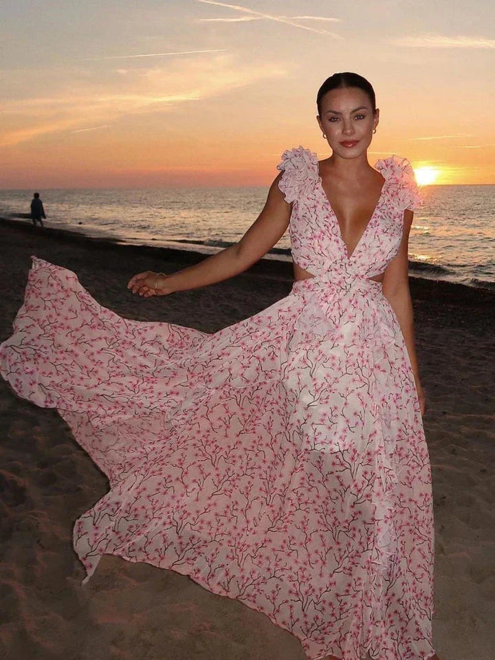 Vestido maxi floral rosa con volantes, escote en V, estilo cruzado