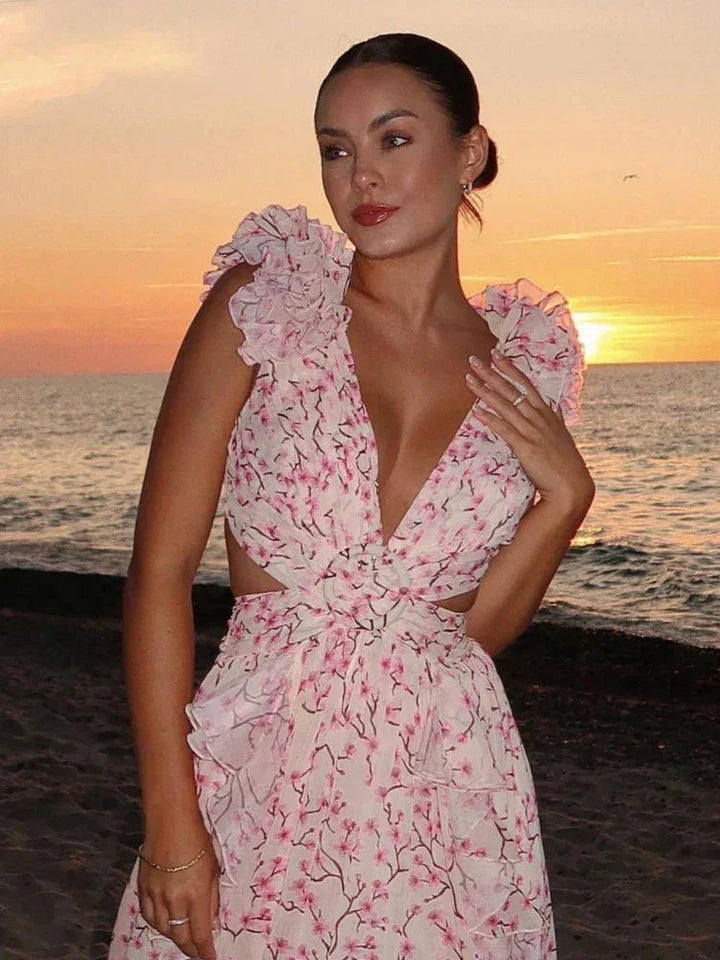 Vestido maxi floral rosa con volantes, escote en V, estilo cruzado