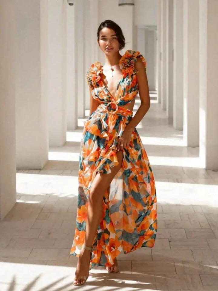 Vestido maxi floral rosa con volantes, escote en V, estilo cruzado