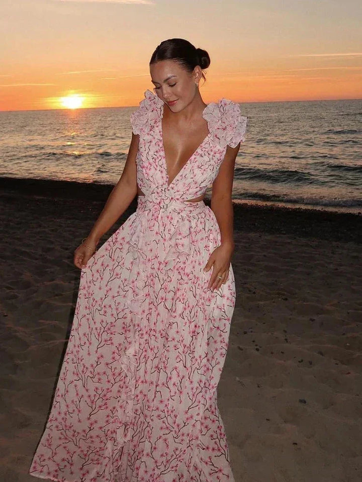Vestido maxi floral rosa con volantes, escote en V, estilo cruzado