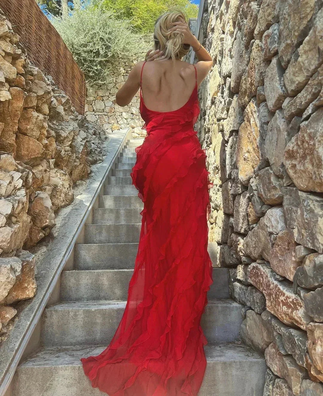 Vestido maxi de noche para mujer con volantes y tirantes finos