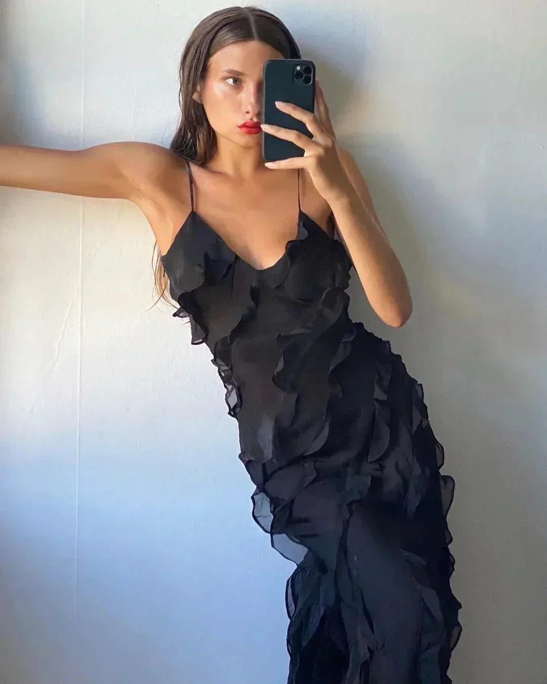 Vestido maxi de noche para mujer con volantes y tirantes finos
