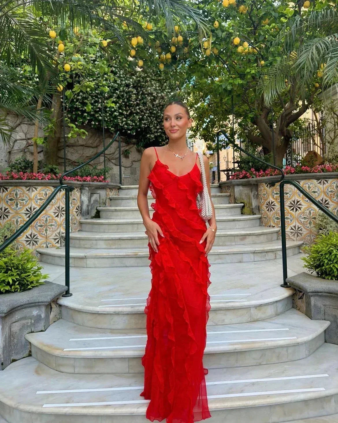 Vestido maxi de noche para mujer con volantes y tirantes finos