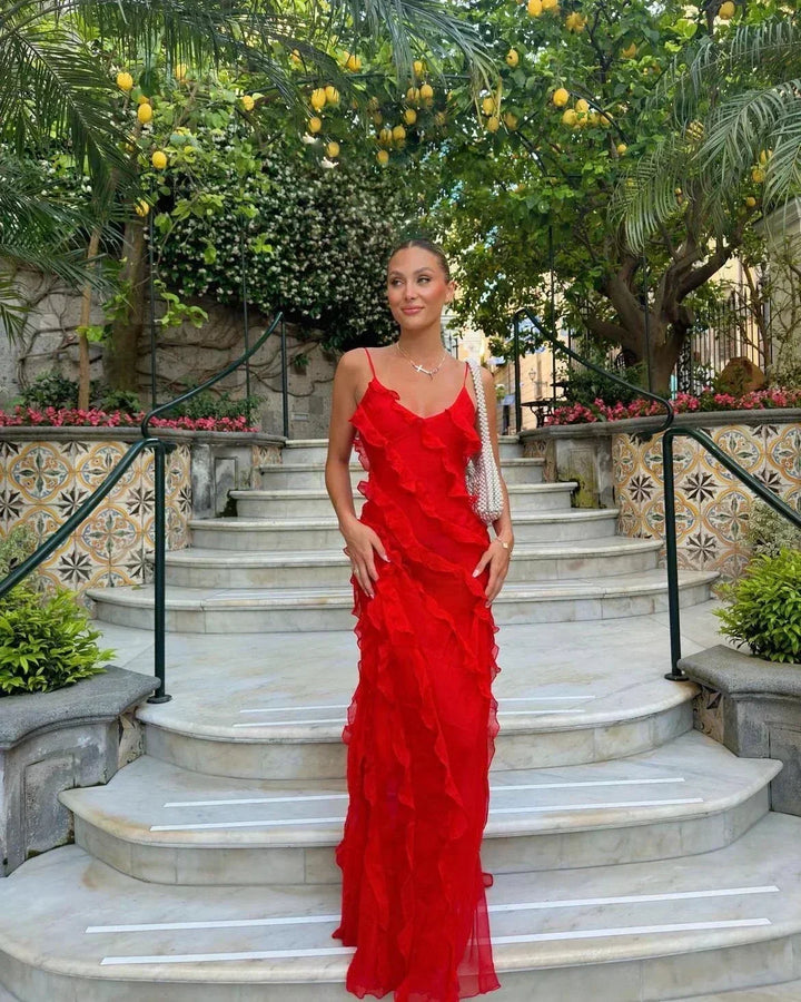 Vestido maxi de noche para mujer con volantes y tirantes finos