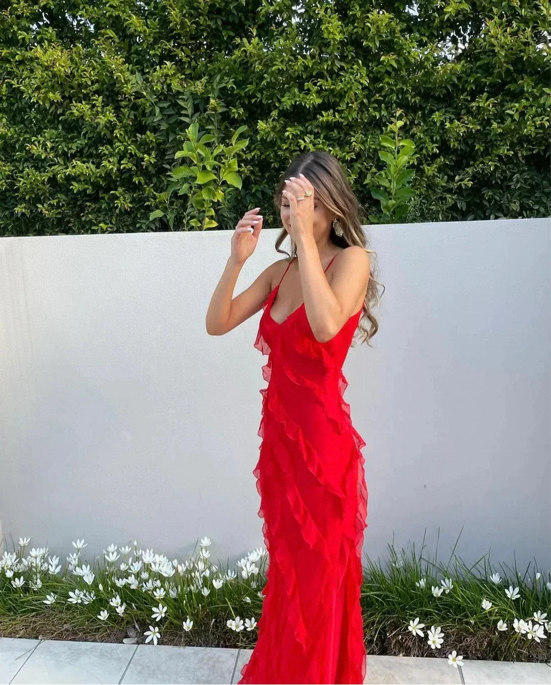 Vestido maxi de noche para mujer con volantes y tirantes finos