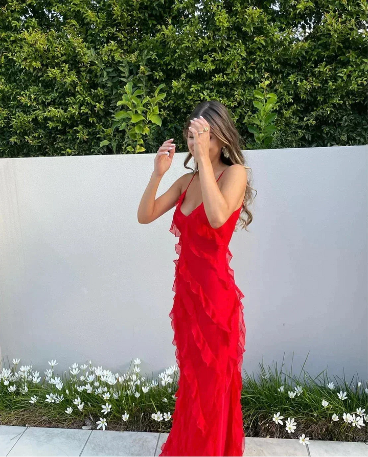 Vestido maxi de noche para mujer con volantes y tirantes finos