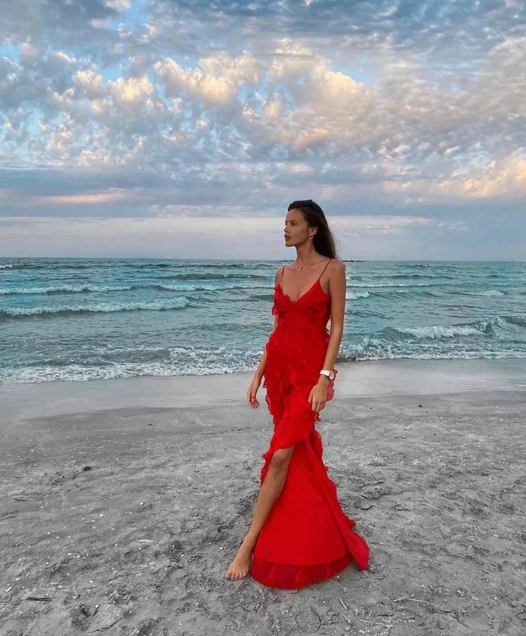 Vestido maxi de noche para mujer con volantes y tirantes finos
