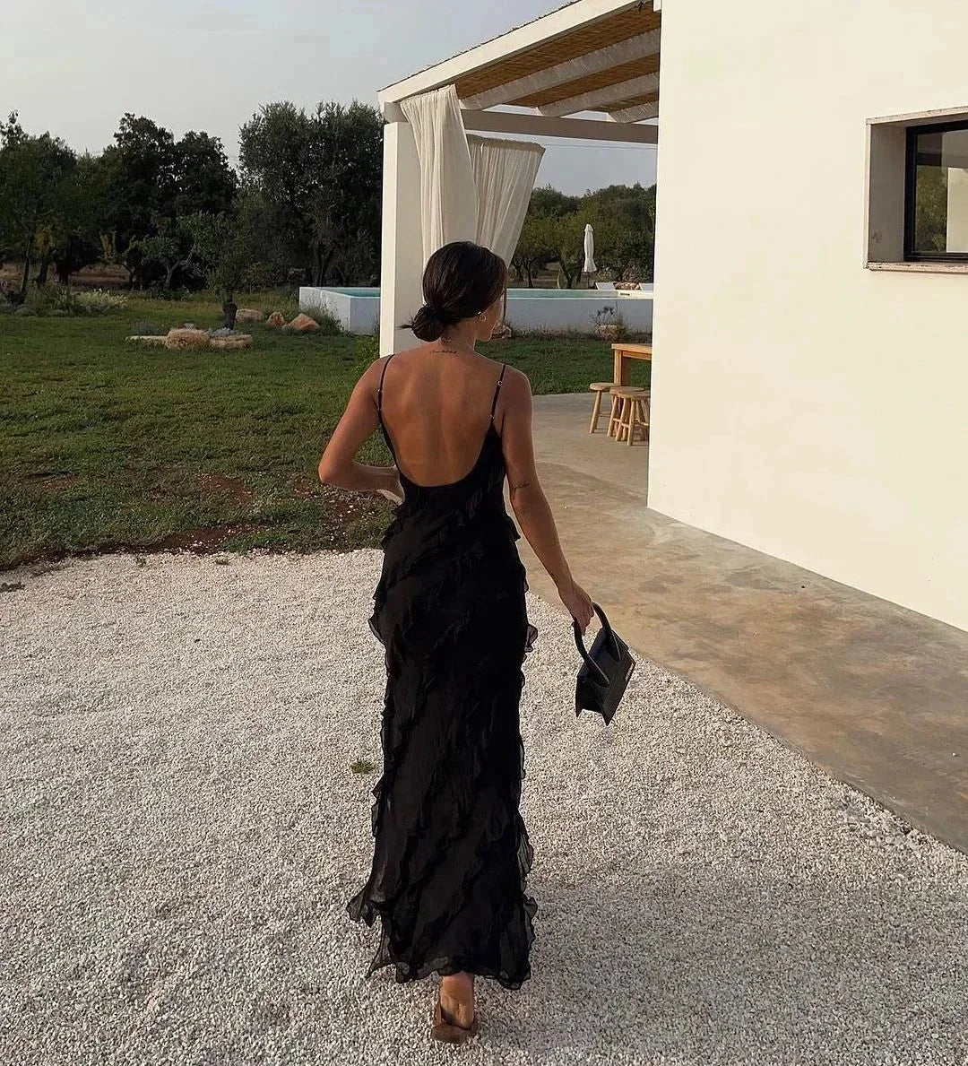 Vestido maxi de noche para mujer con volantes y tirantes finos