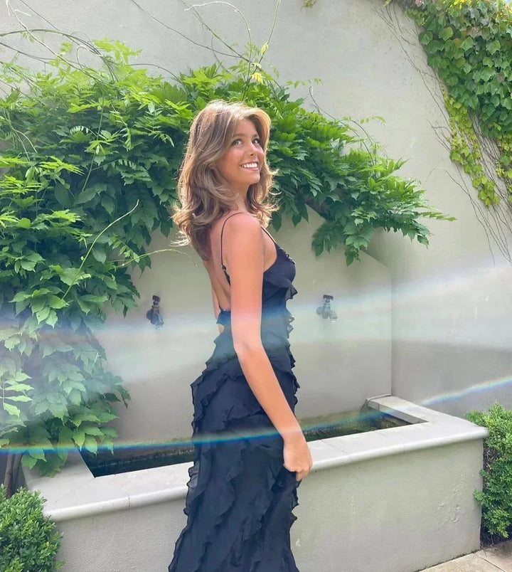 Vestido maxi de noche para mujer con volantes y tirantes finos