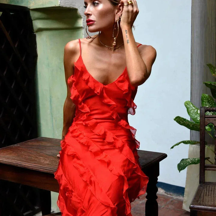 Vestido maxi de noche para mujer con volantes y tirantes finos