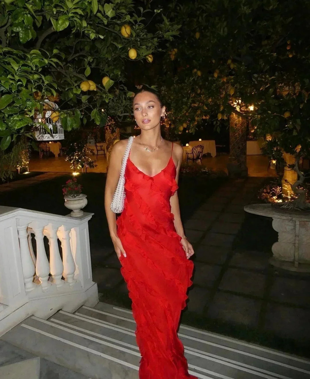 Vestido maxi de noche para mujer con volantes y tirantes finos