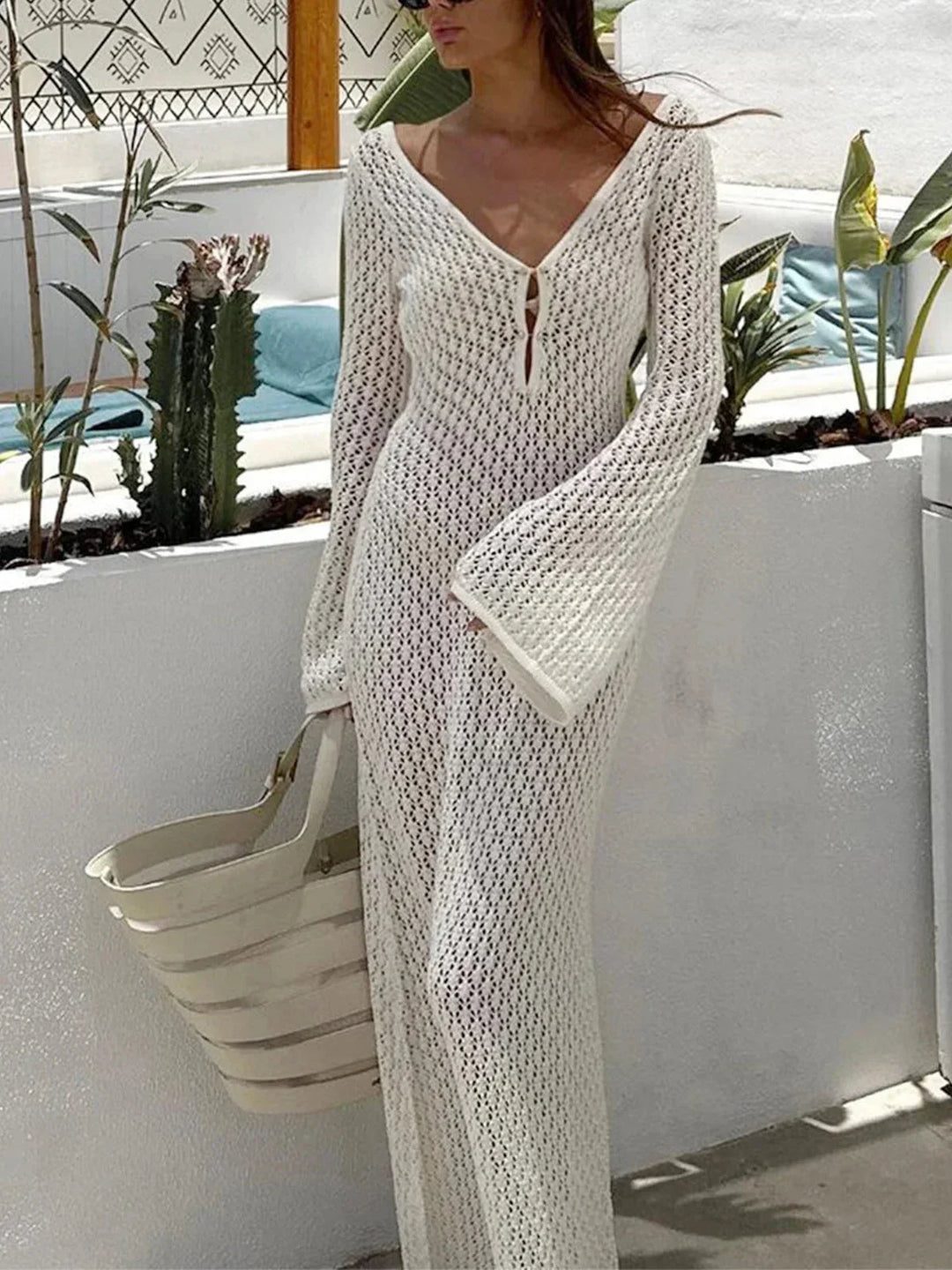 Vestido maxi de ganchillo para mujer con mangas largas de calado