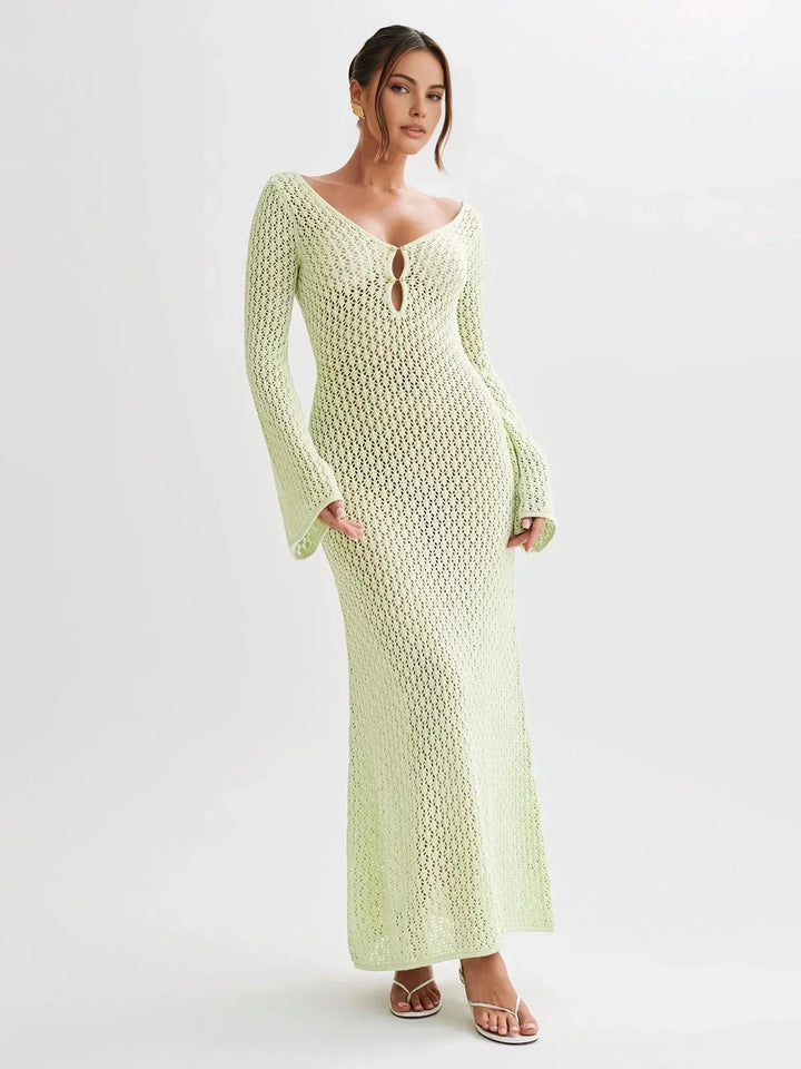 Vestido maxi de ganchillo para mujer con mangas largas de calado