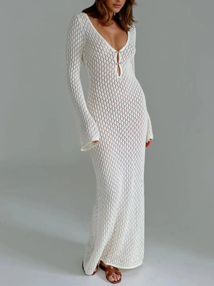Vestido maxi de ganchillo para mujer con mangas largas de calado