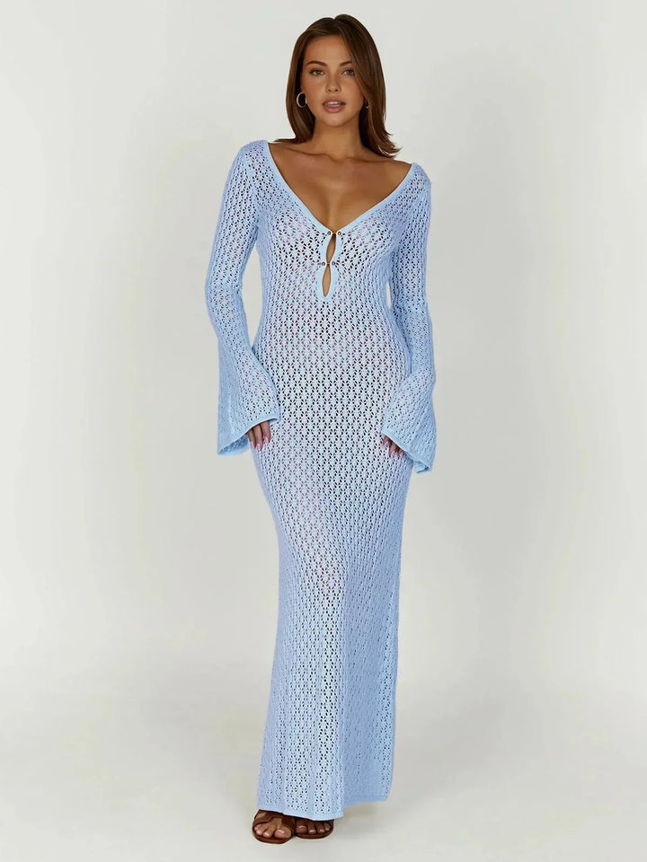 Vestido maxi de ganchillo para mujer con mangas largas de calado