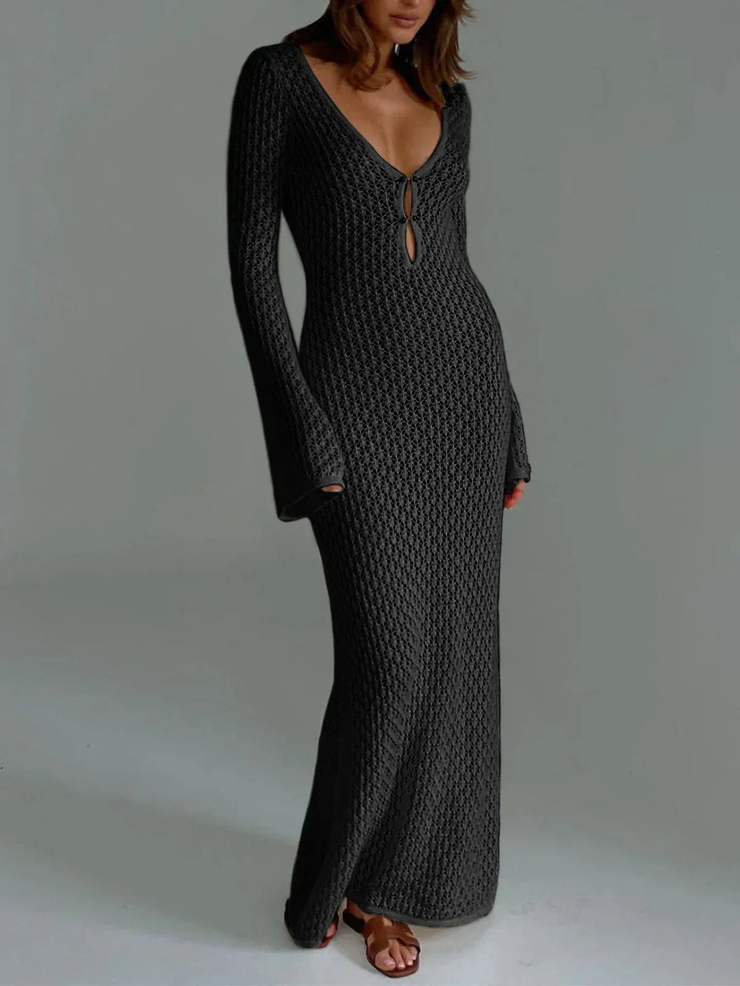 Vestido maxi de ganchillo para mujer con mangas largas de calado