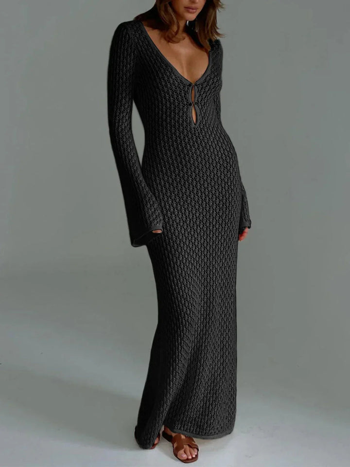 Vestido maxi de ganchillo para mujer con mangas largas de calado