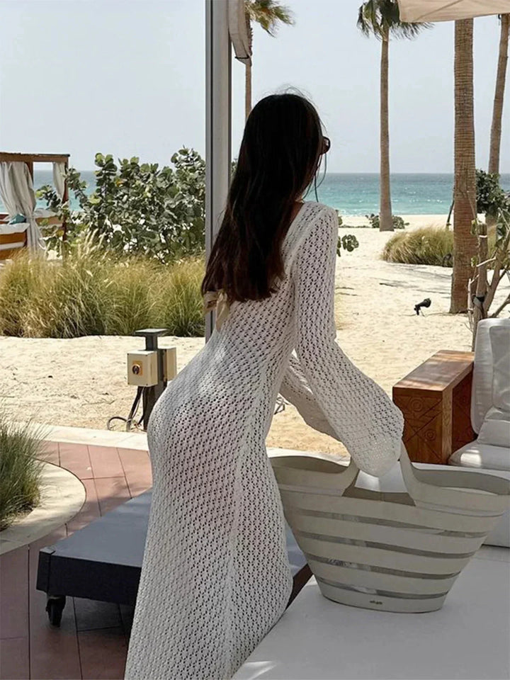 Vestido maxi de ganchillo para mujer con mangas largas de calado