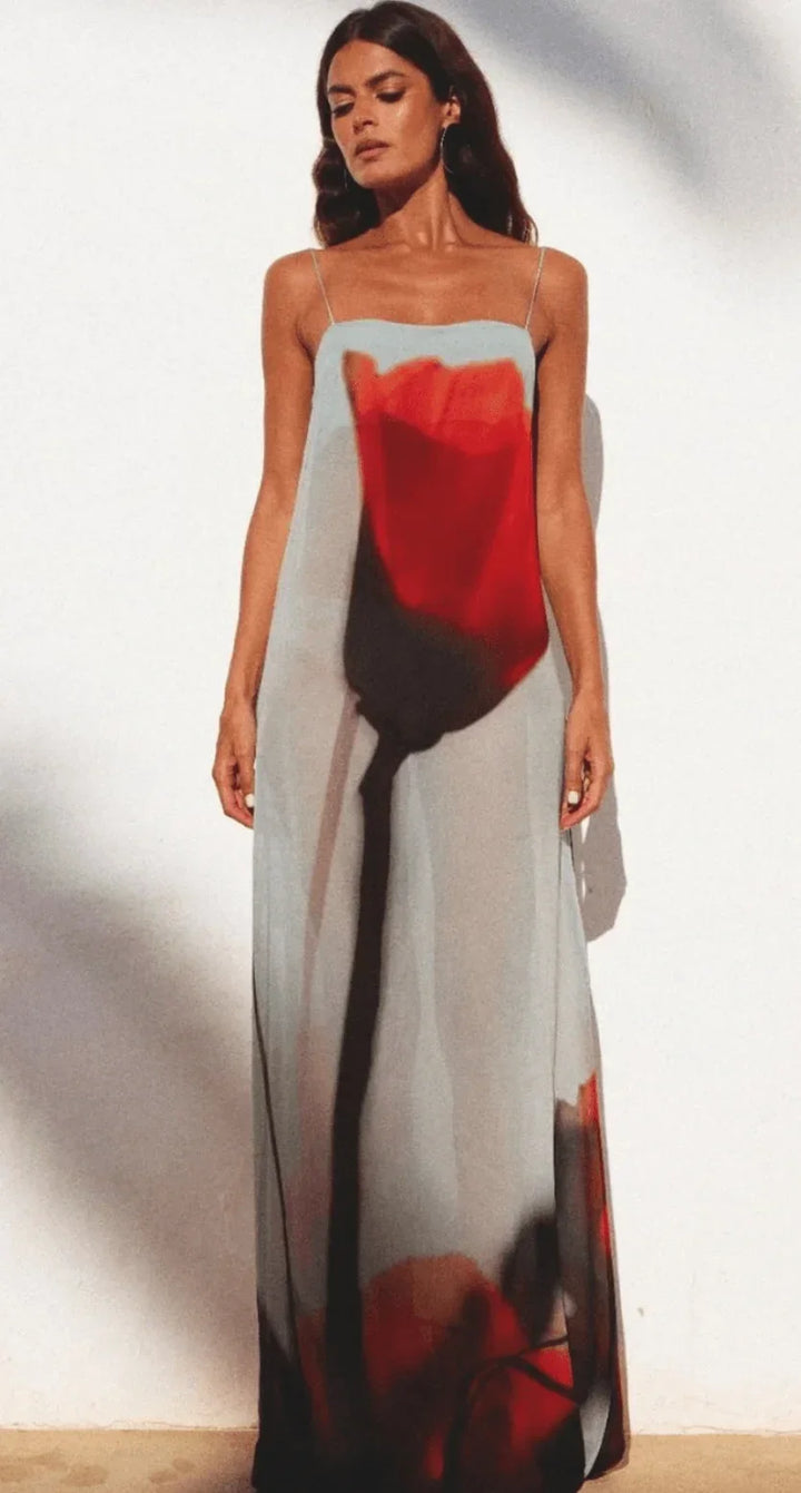 Vestido Maxi impreso en rojo y gris para mujer con tirantes finos